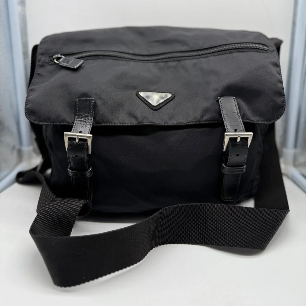 Prada Black Nylon Messenger Crossbody Bag Authentic Logo Buckle Shoulder Satchel